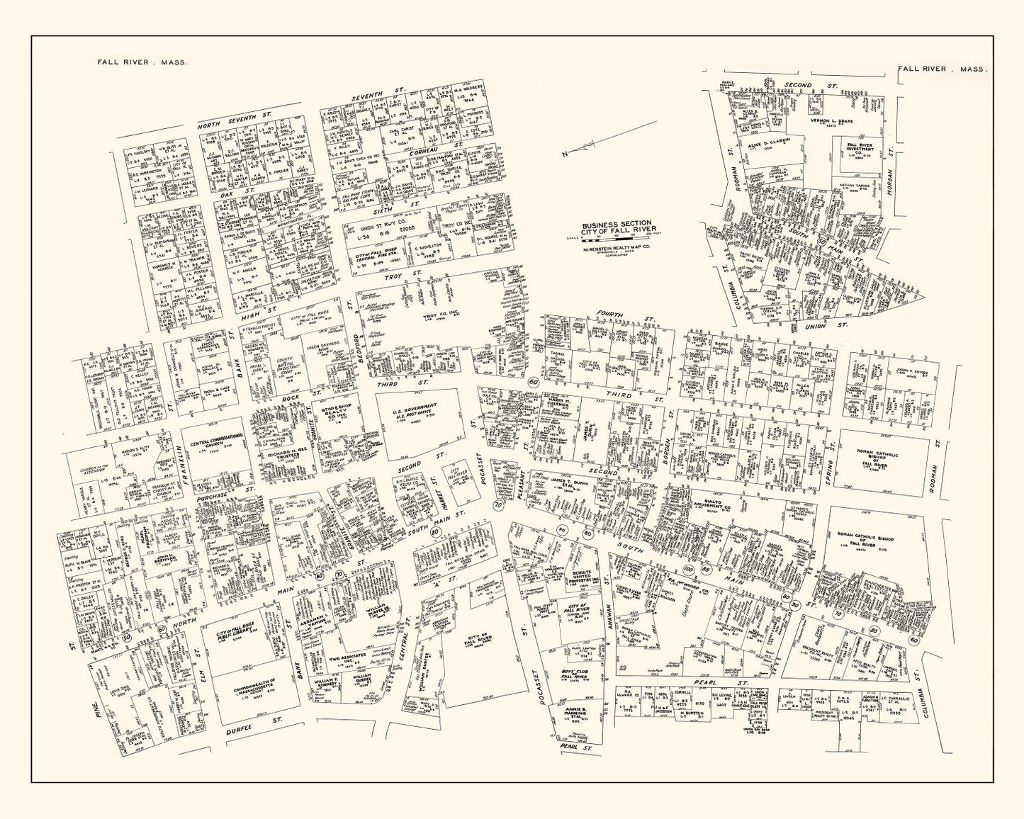 Vintage Map of Fall River, MA Business Section, 1946