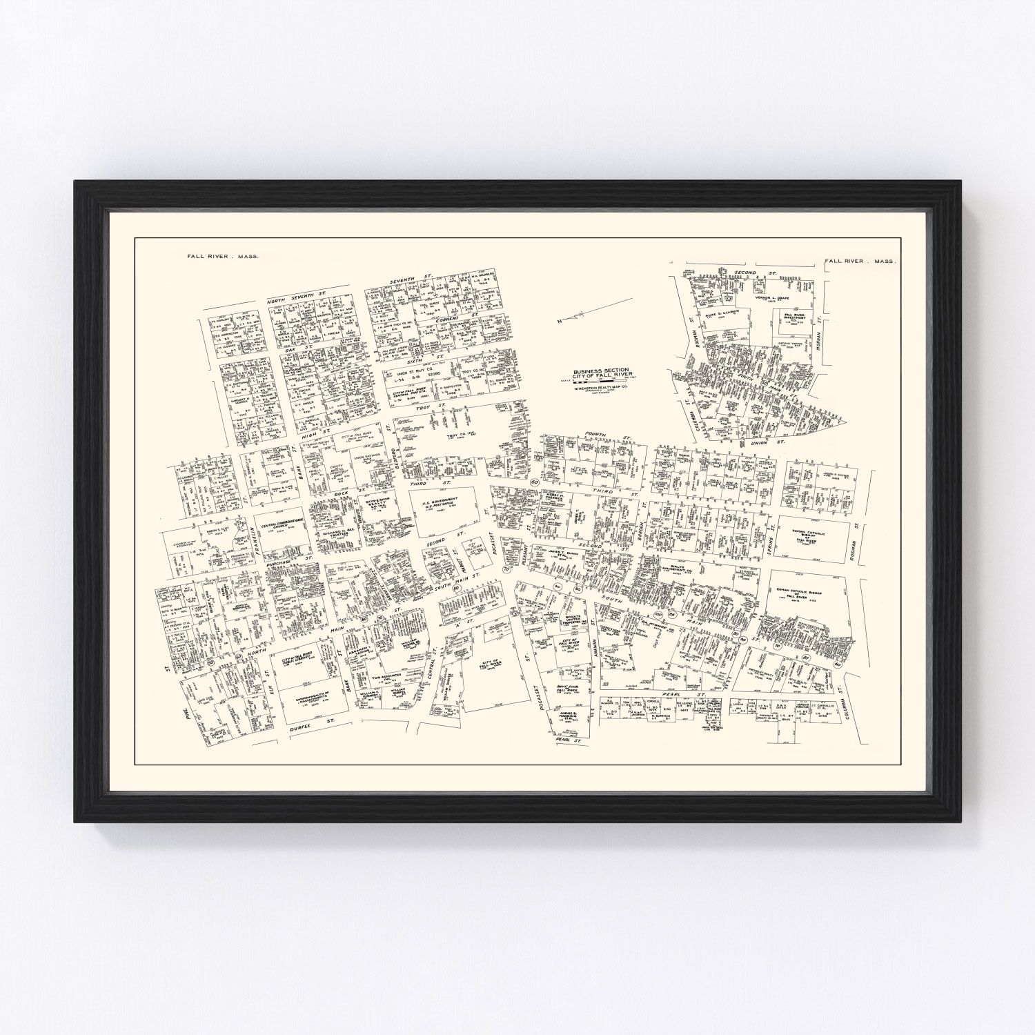vintage map of Fall River, MA business section, 1946