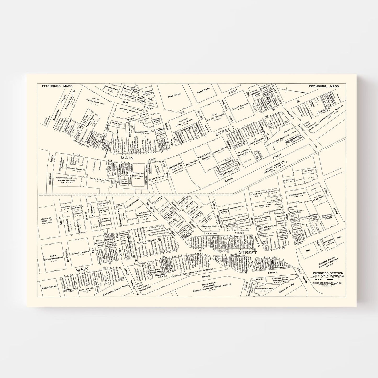 Vintage Map of Fitchburg, MA Business Section, 1946