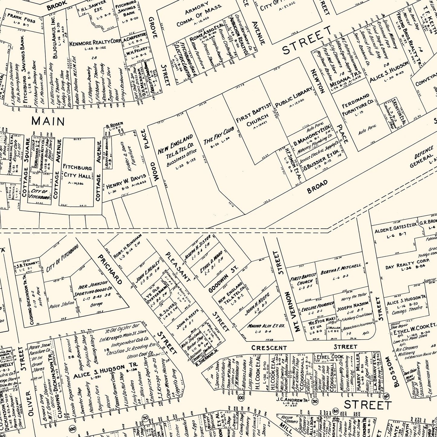 Vintage Map of Fitchburg, MA Business Section, 1946