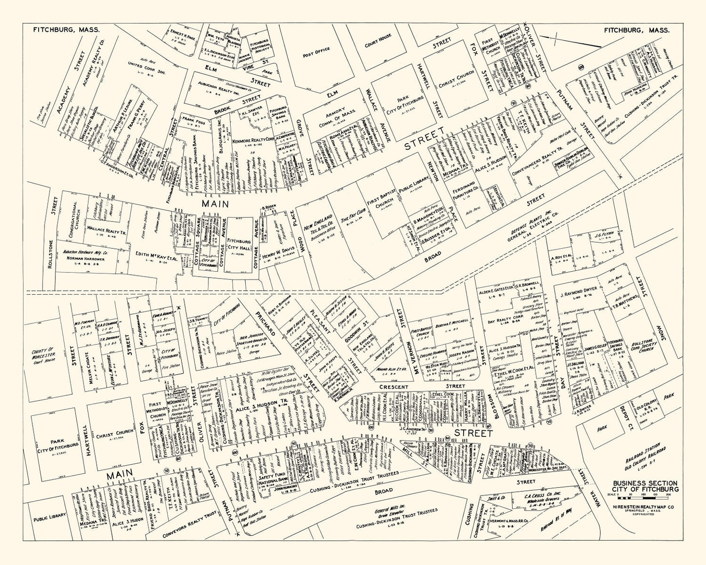 Vintage Map of Fitchburg, MA Business Section, 1946