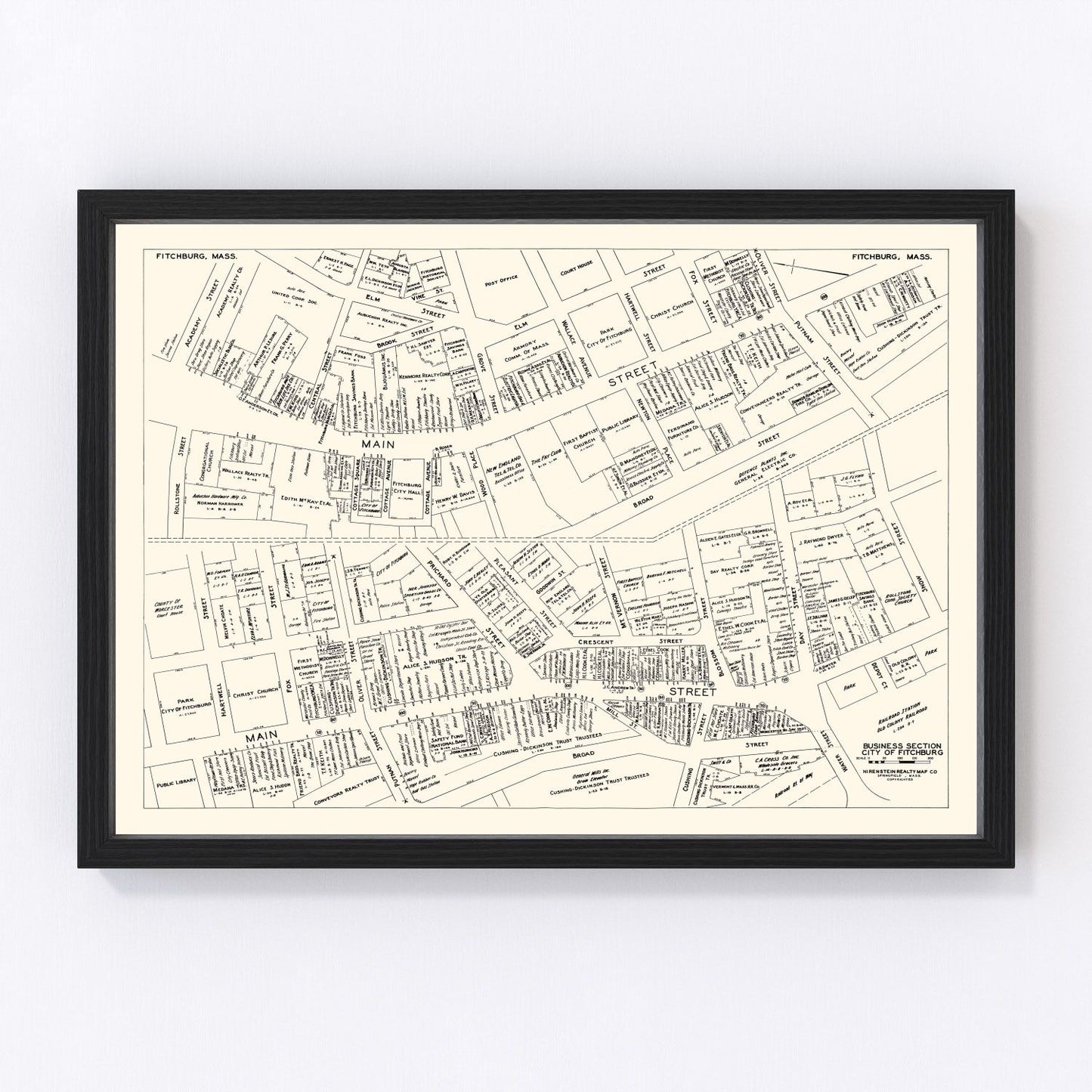 Vintage map of Fitchburg, Massachusetts business section, 1946