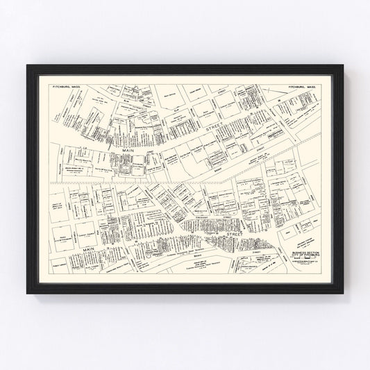 Vintage map of Fitchburg, Massachusetts business section, 1946