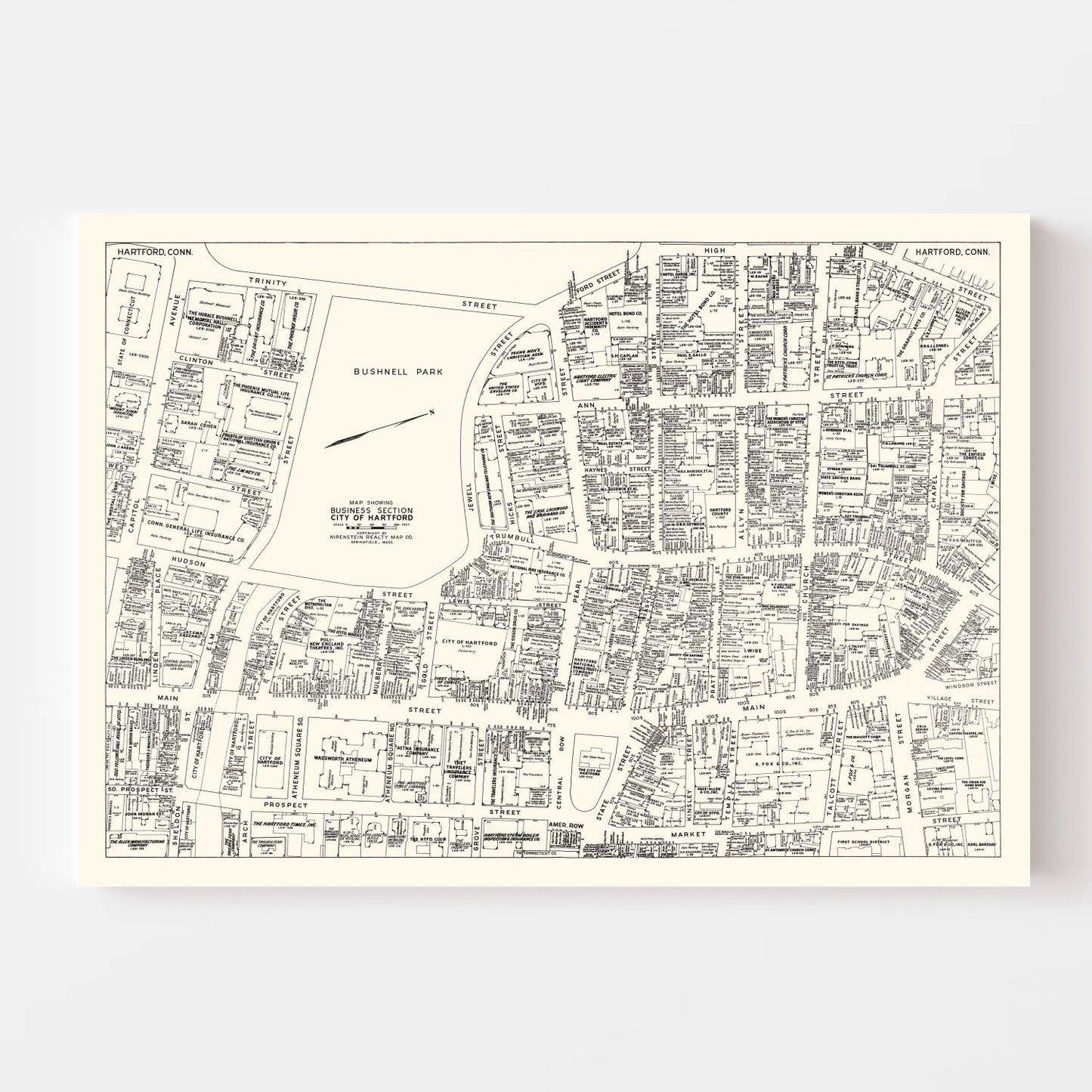 Vintage Map of Hartford Business Section, Connecticut, 1946