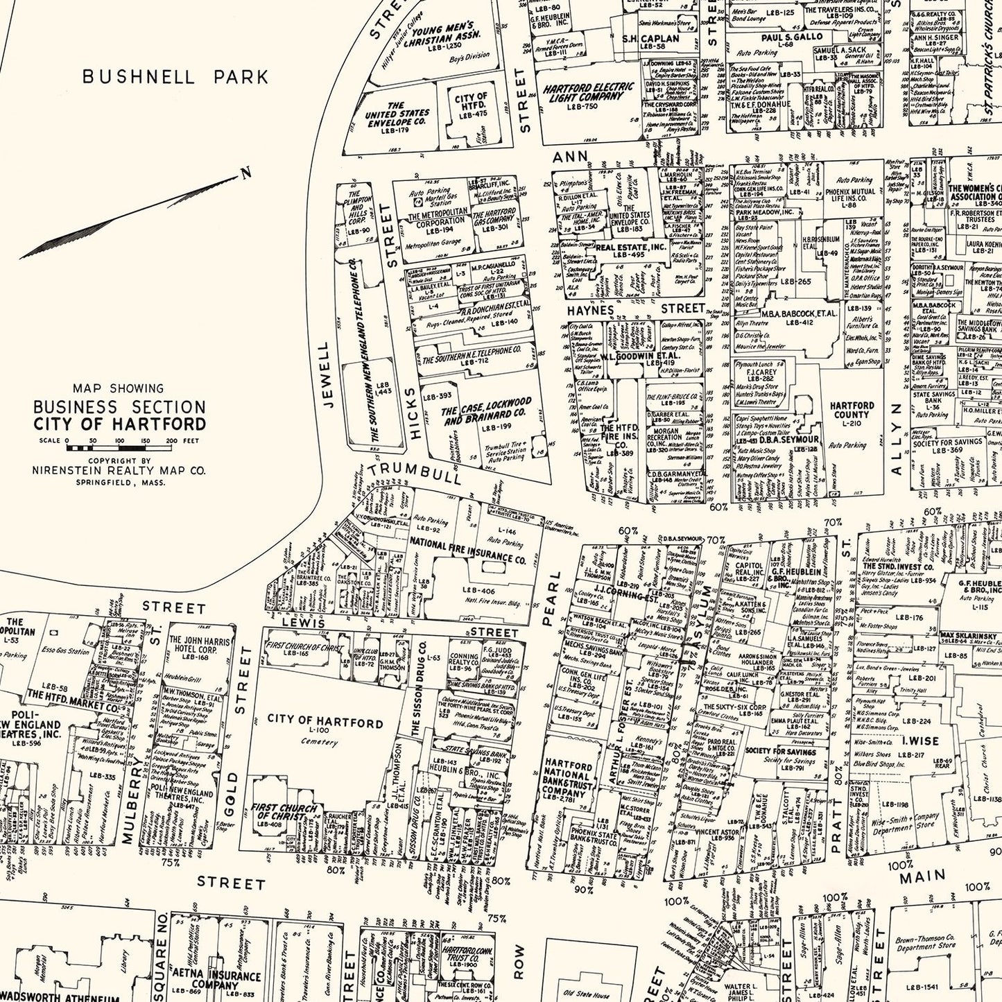 Vintage Map of Hartford Business Section, Connecticut, 1946
