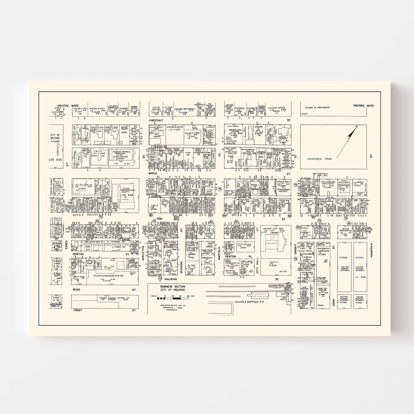 Vintage Map of Holyoke, Hampden County, Massachusetts, Business Section, 1946