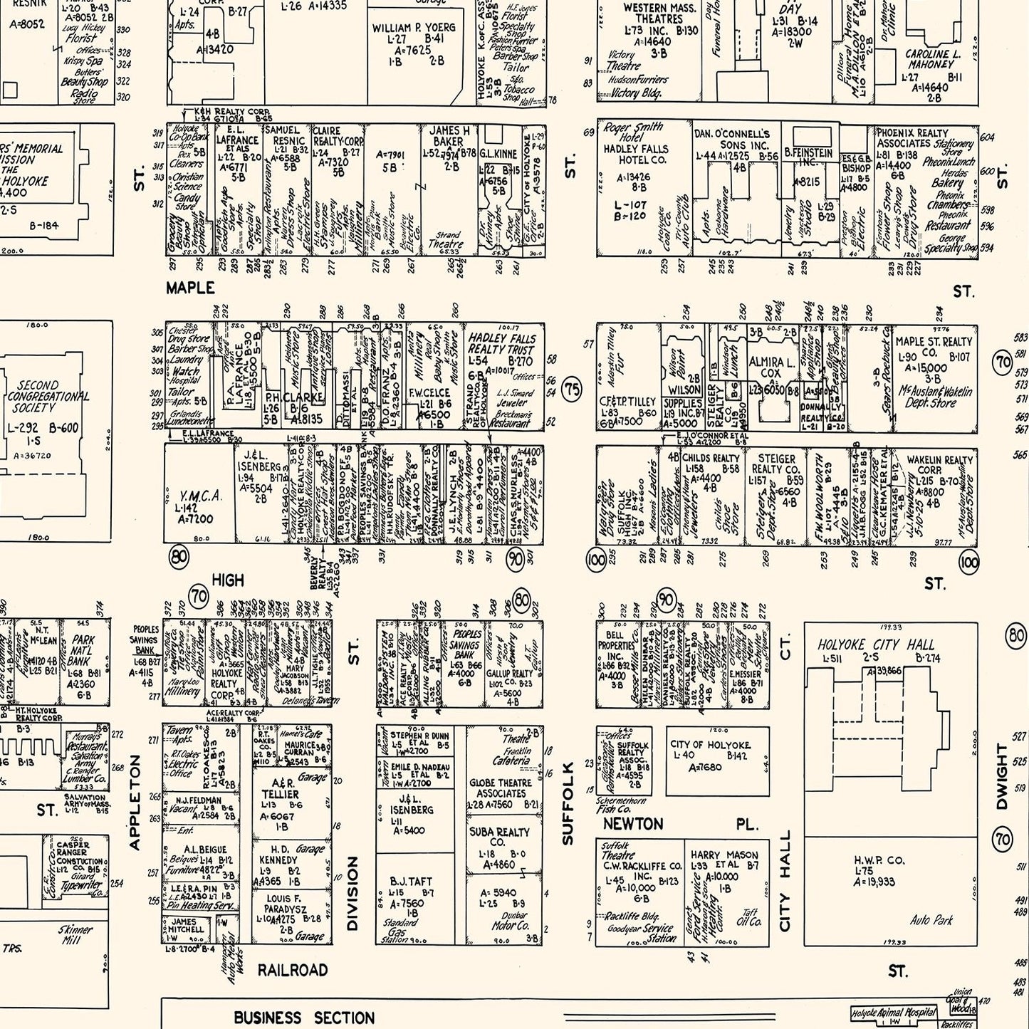 Vintage Map of Holyoke, Hampden County, Massachusetts, Business Section, 1946