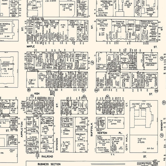 Vintage Map of Holyoke, Hampden County, Massachusetts, Business Section, 1946