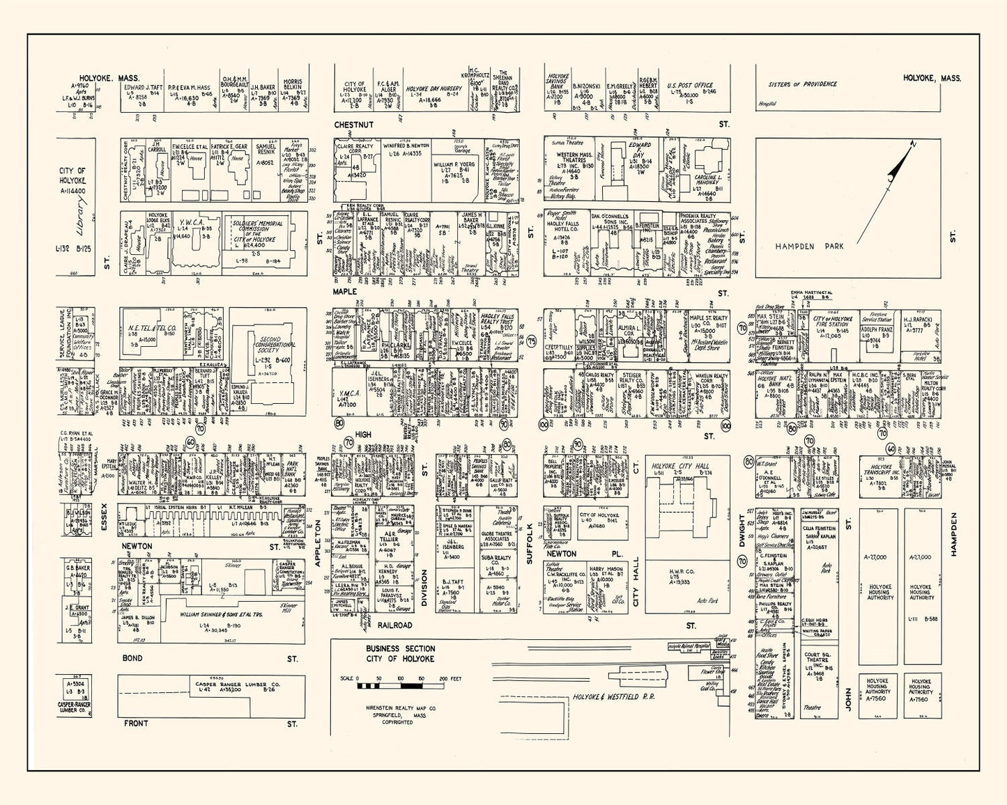 Vintage Map of Holyoke, Hampden County, Massachusetts, Business Section, 1946
