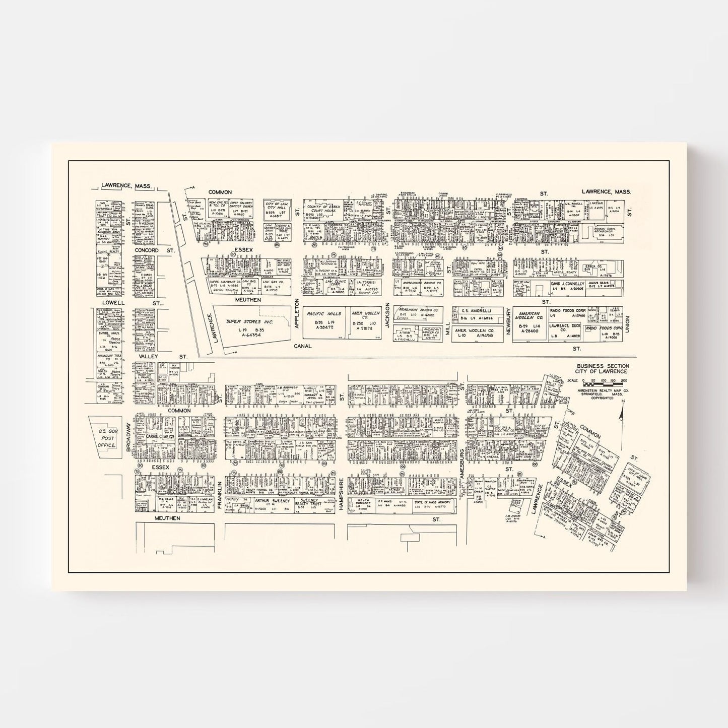 Vintage Map of Lawrence, Massachusetts Business Section, 1946