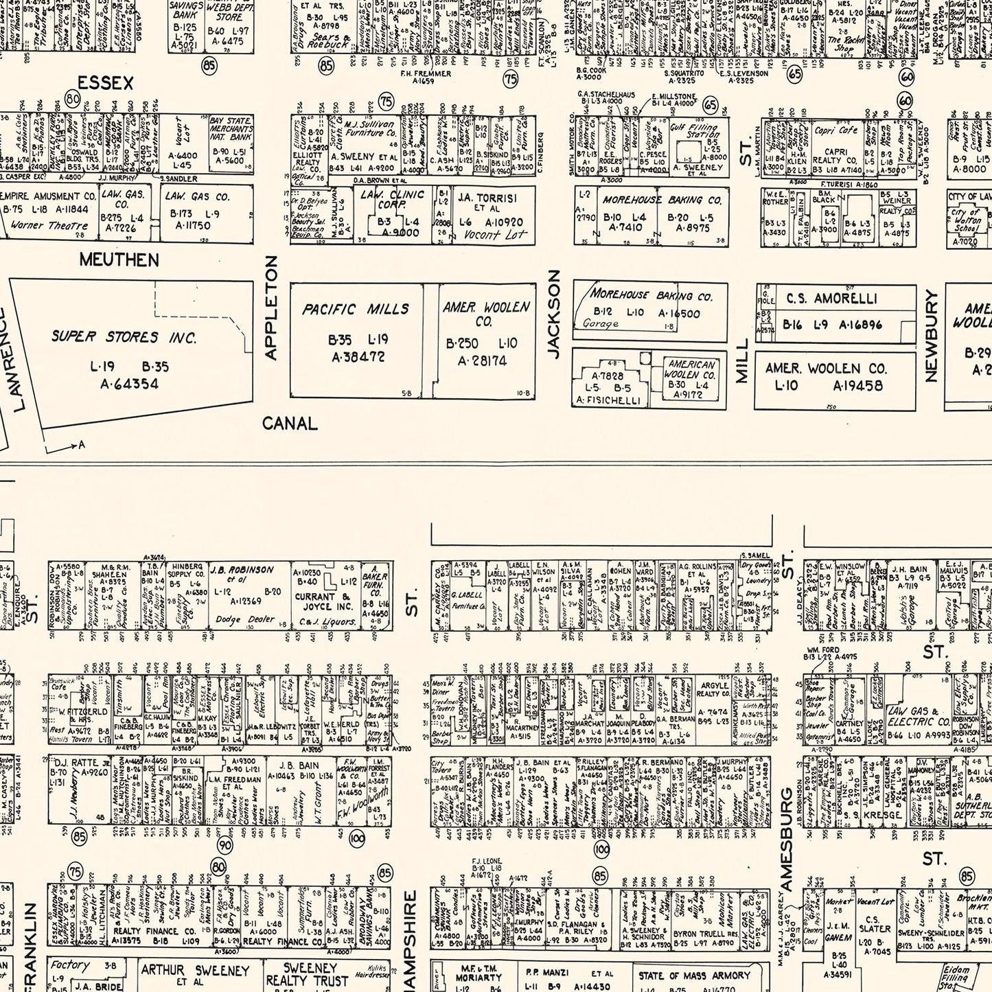 Vintage Map of Lawrence, Massachusetts Business Section, 1946