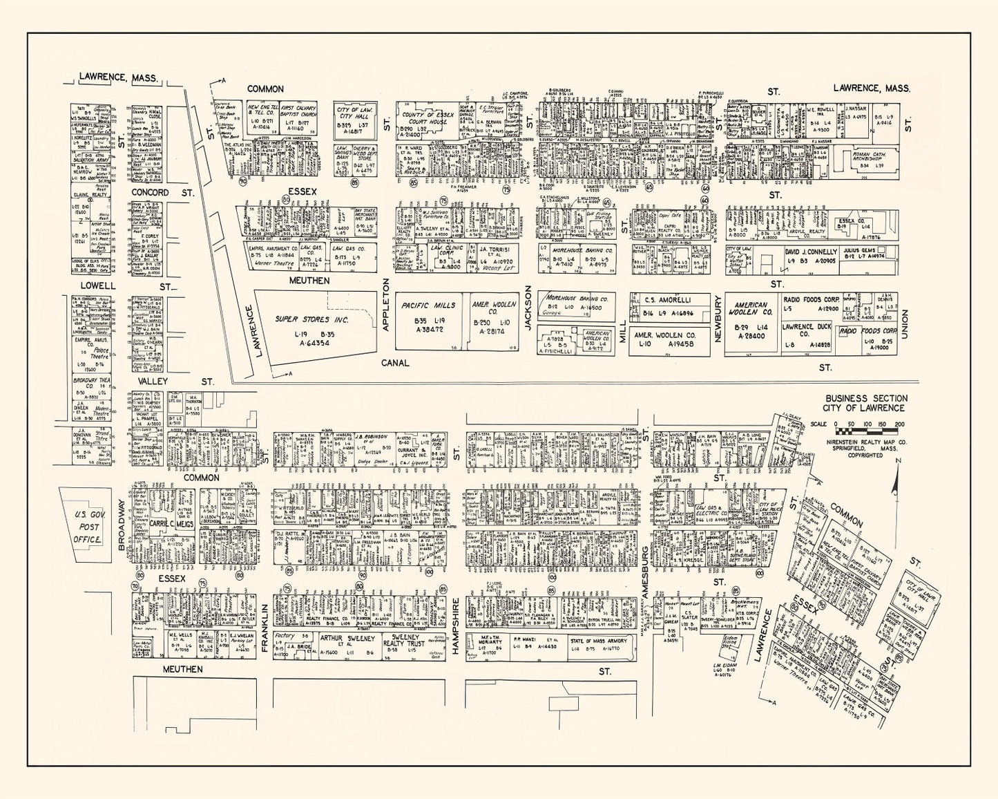 Vintage Map of Lawrence, Massachusetts Business Section, 1946