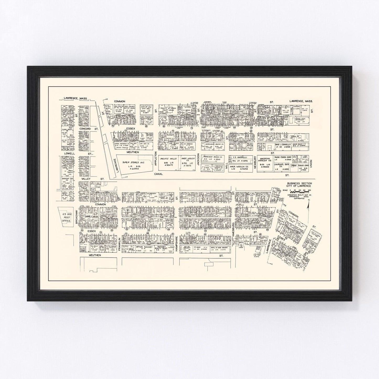 Vintage map of Lawrence, Massachusetts business section, 1946