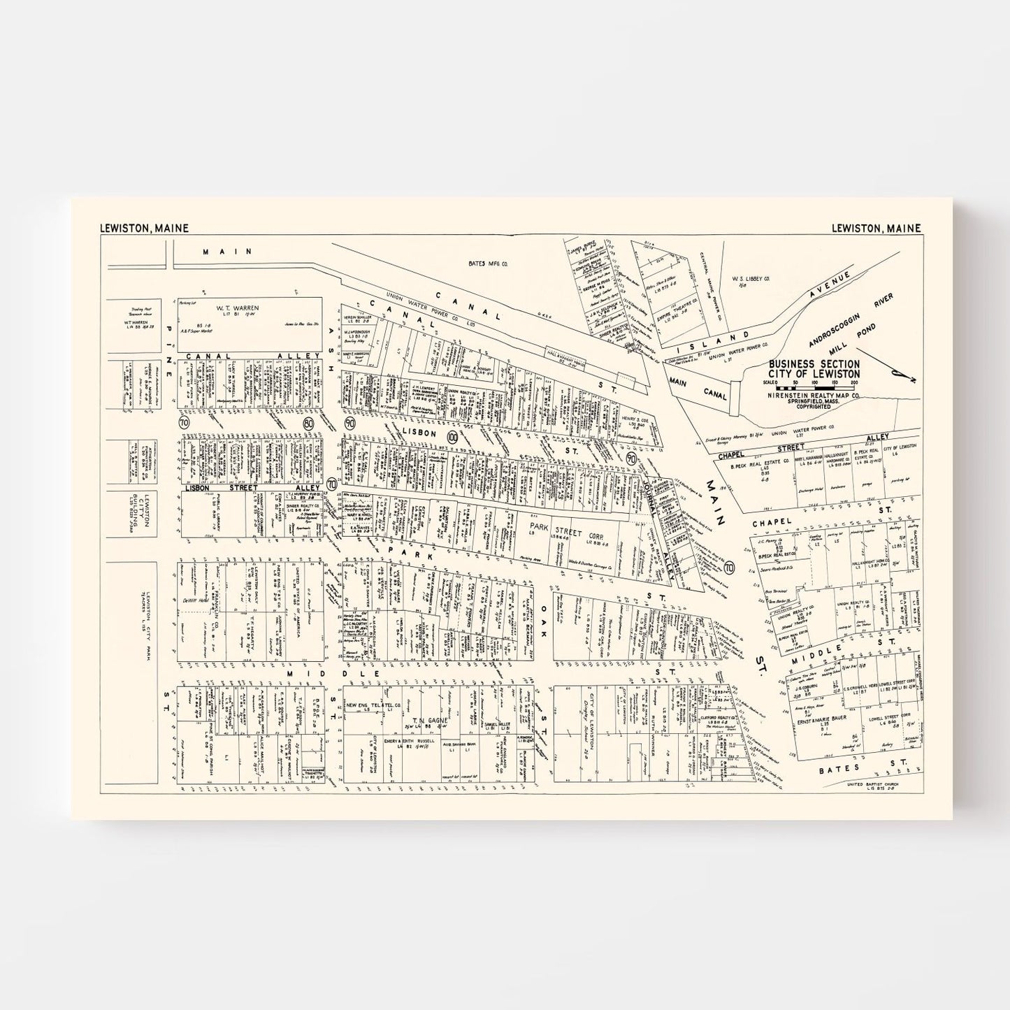 Vintage Map of Lewiston, Maine Business Section, 1946