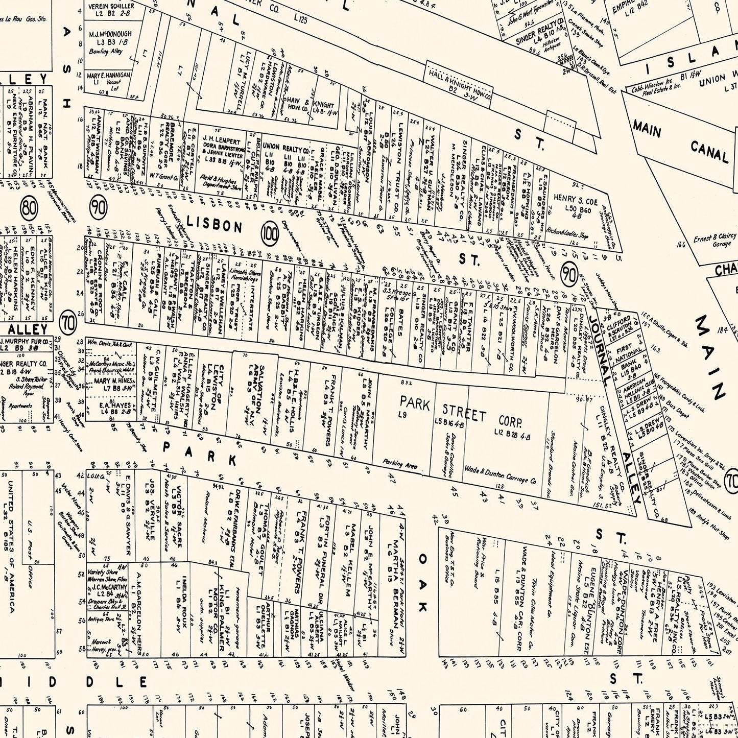 Vintage Map of Lewiston, Maine Business Section, 1946