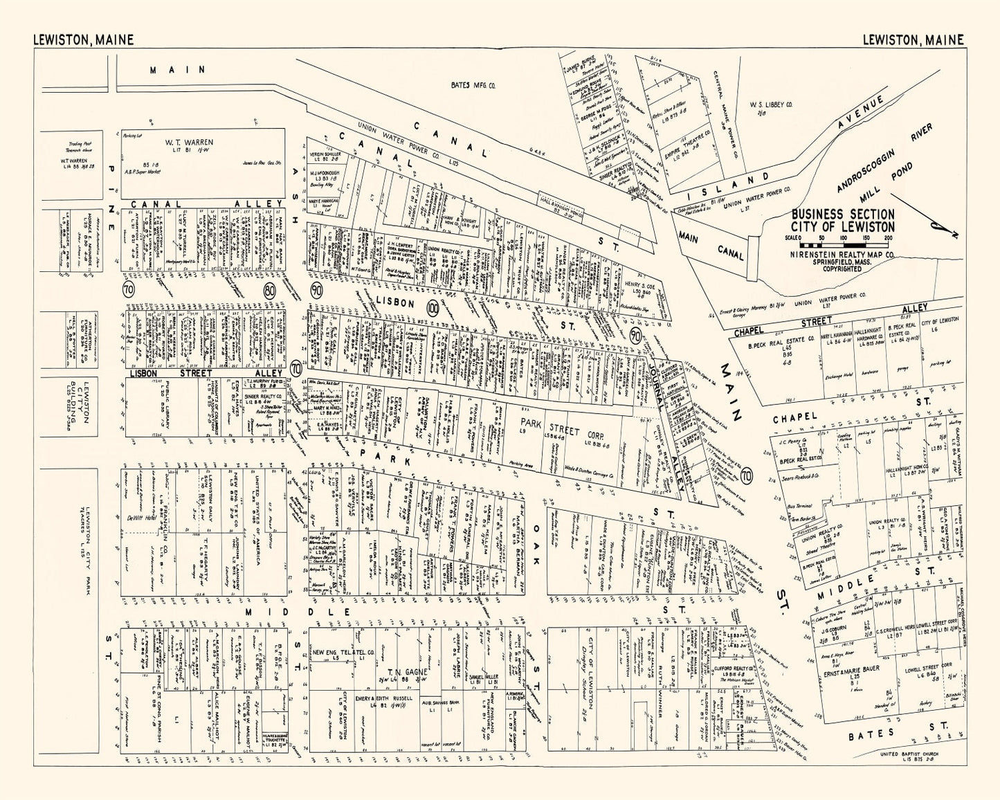 Vintage Map of Lewiston, Maine Business Section, 1946