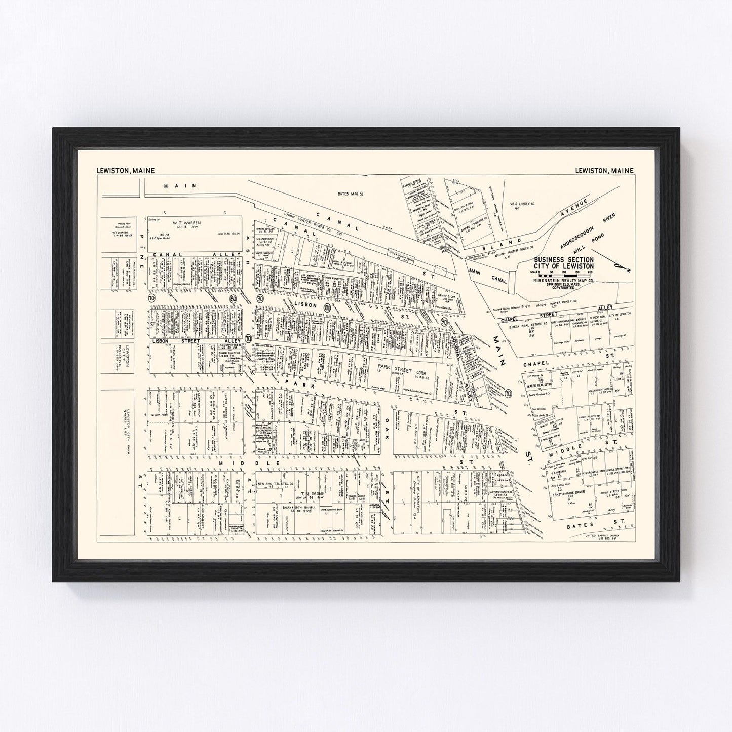 Vintage map of Lewiston, Maine business section, 1946
