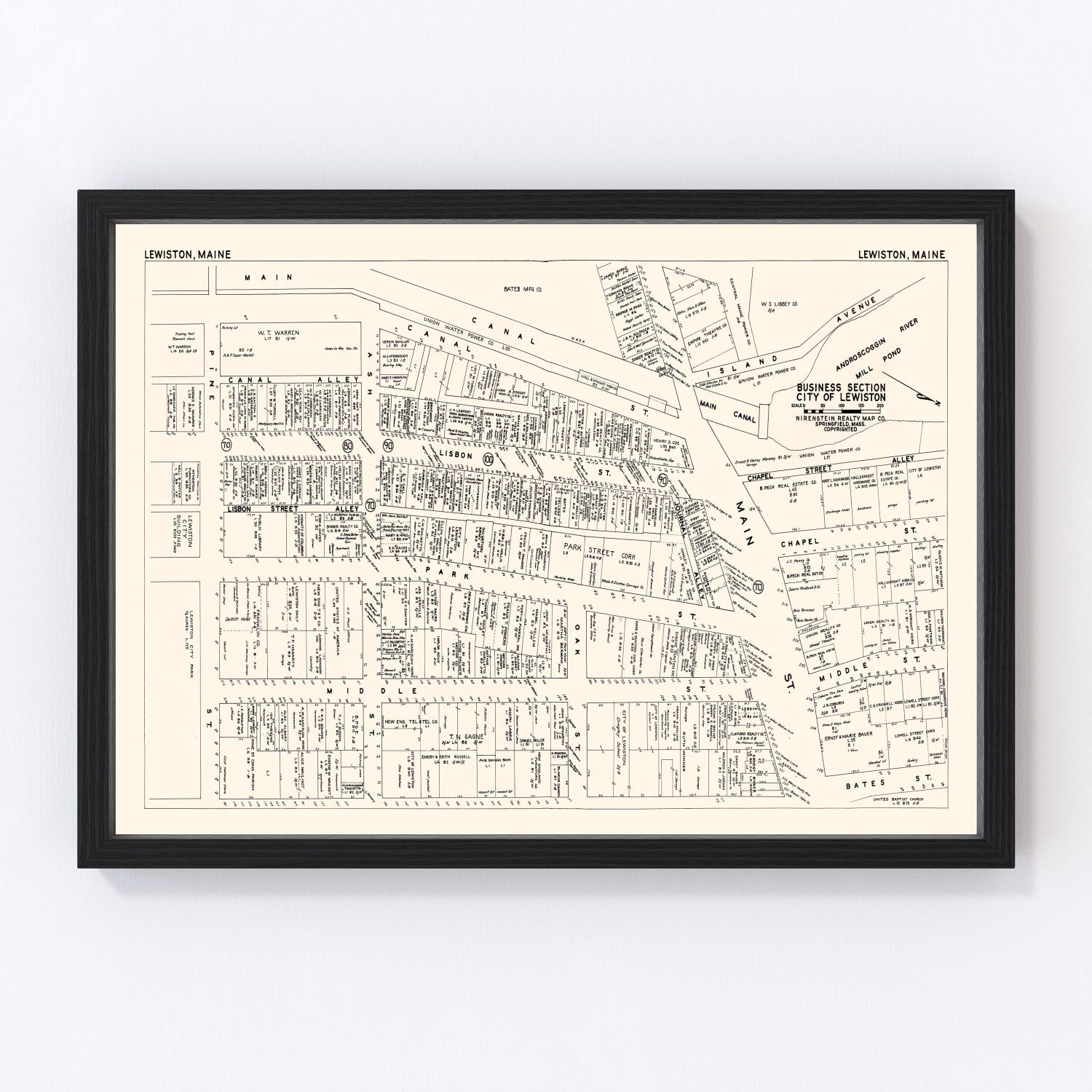 Vintage map of Lewiston, Maine business section, 1946