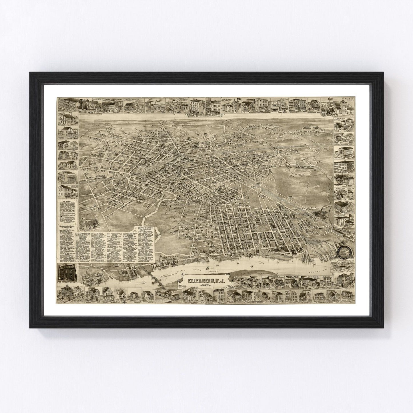 Vintage restored map of Elizabeth, New Jersey, 1898, Victorian-era Union County port city