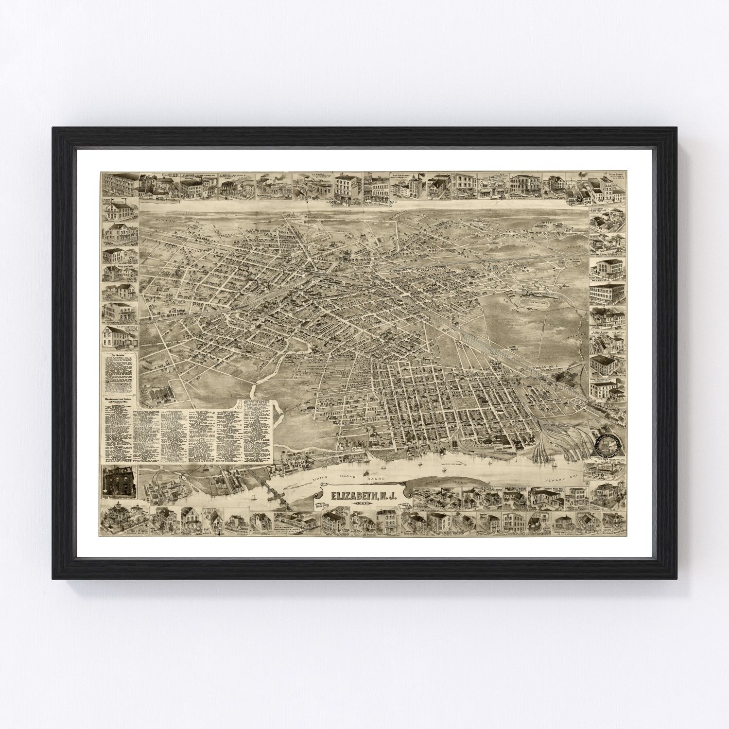 Vintage restored map of Elizabeth, New Jersey, 1898, Victorian-era Union County port city