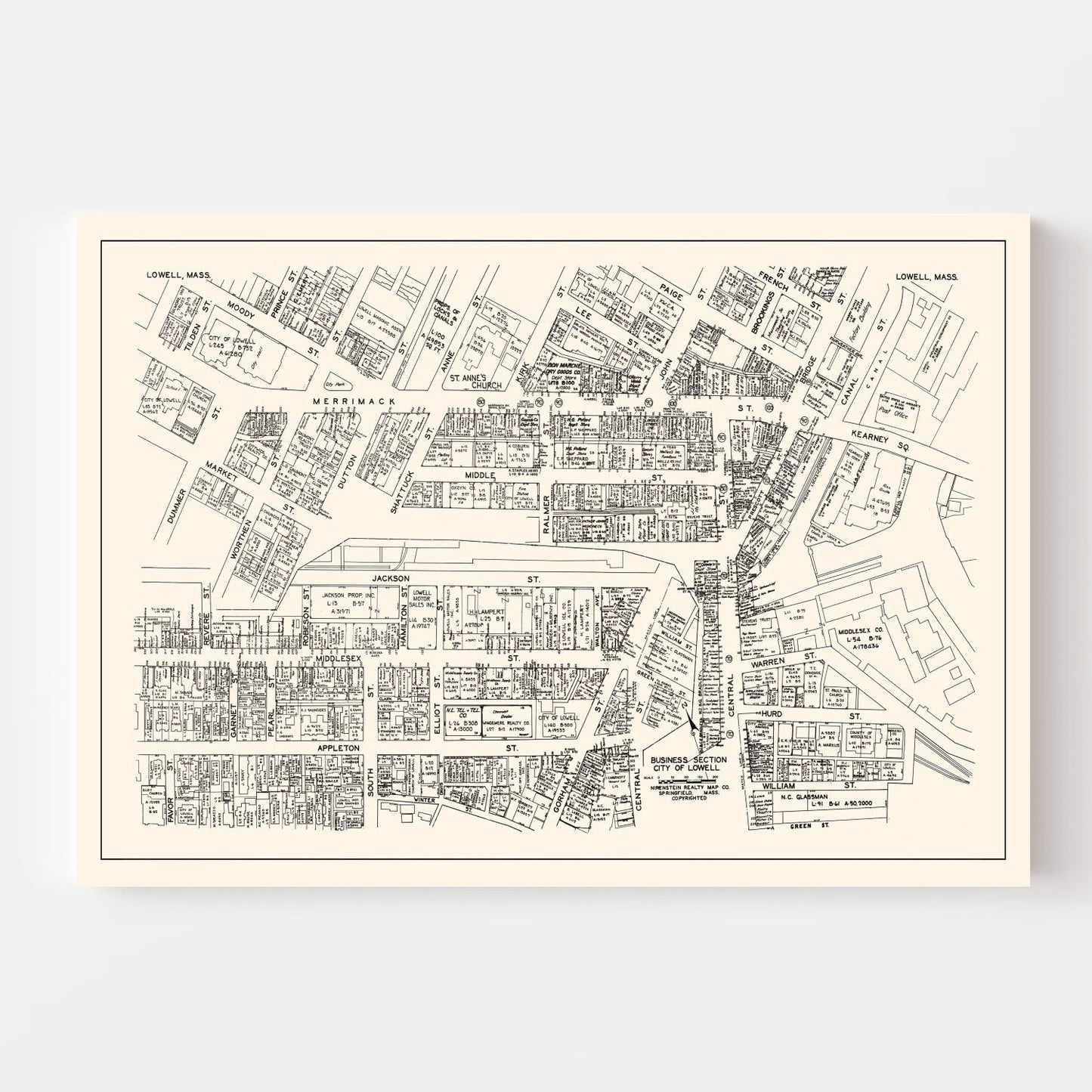 Vintage Map of Lowell, Massachusetts Business Section, 1946