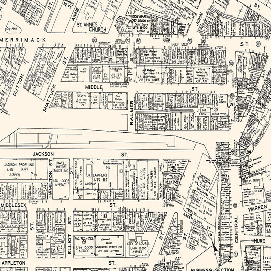 Vintage Map of Lowell, Massachusetts Business Section, 1946