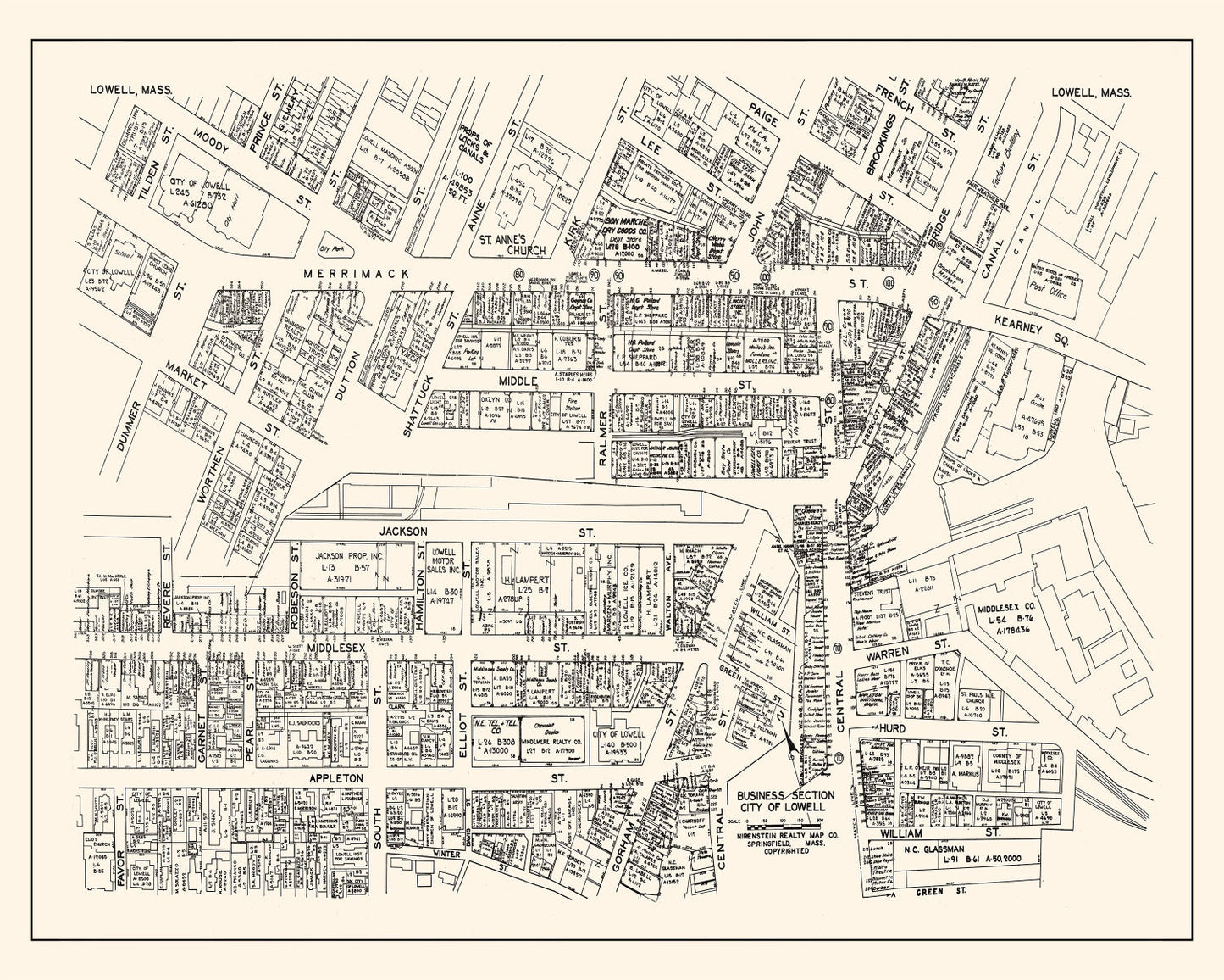 Vintage Map of Lowell, Massachusetts Business Section, 1946