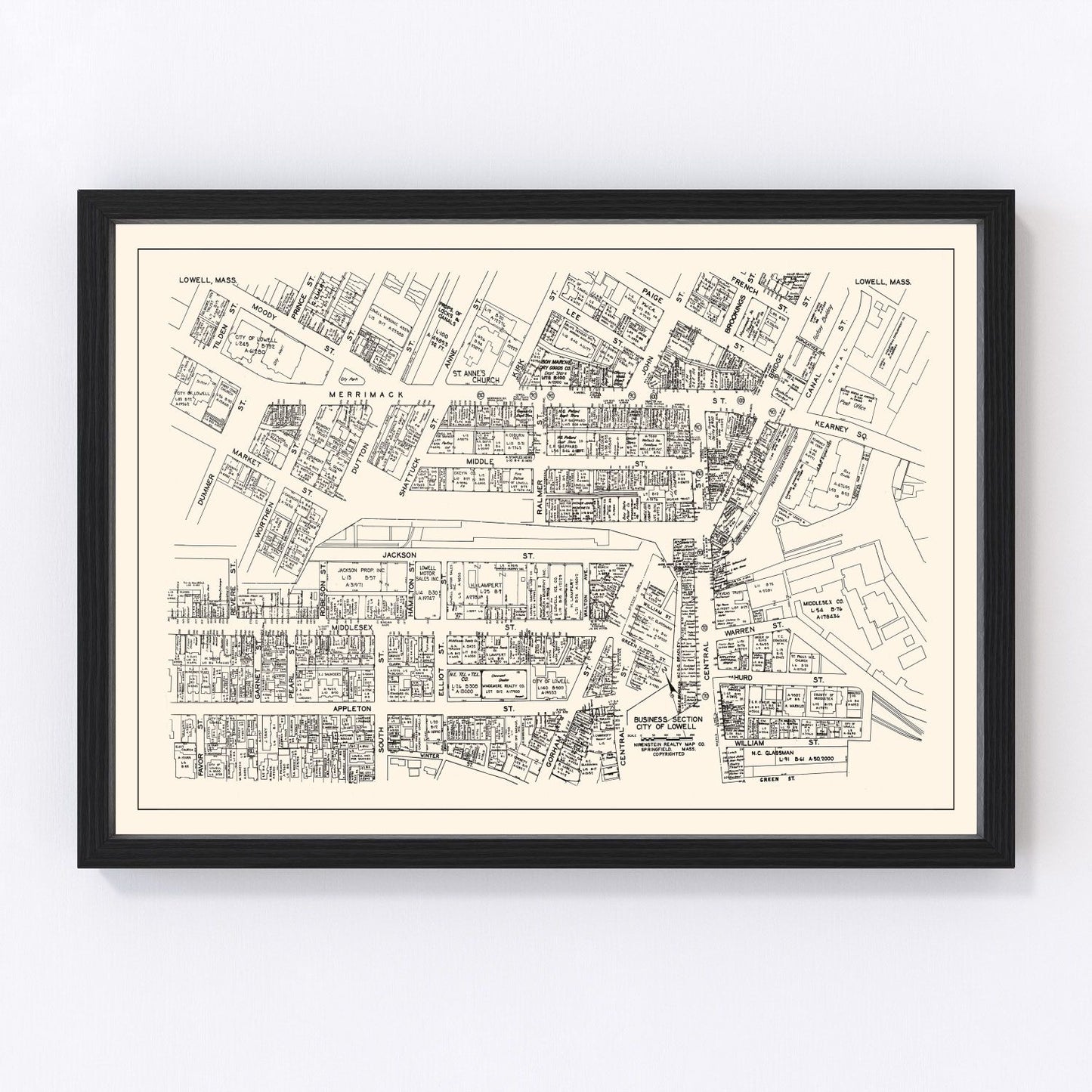 Vintage map of Lowell, Massachusetts business section, 1946