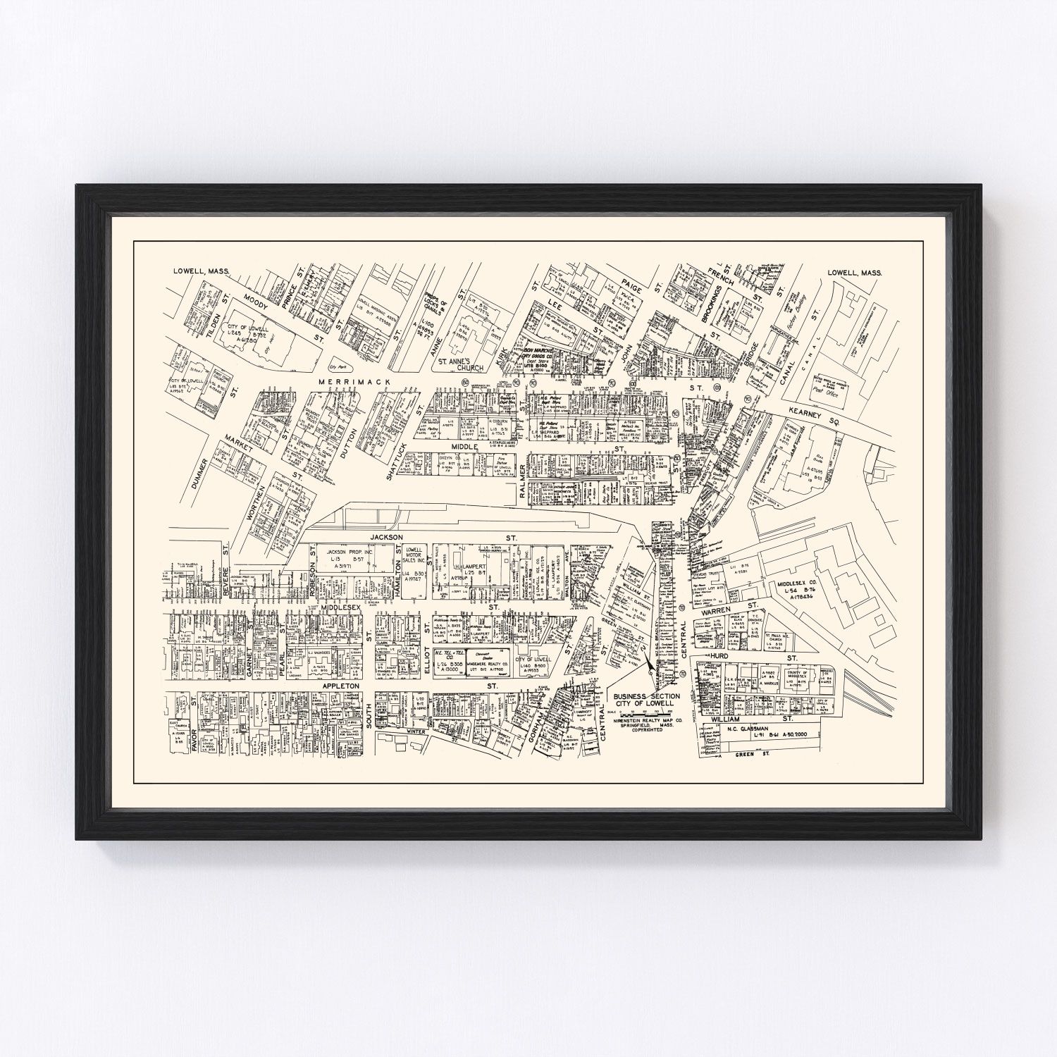 Vintage map of Lowell, Massachusetts business section, 1946