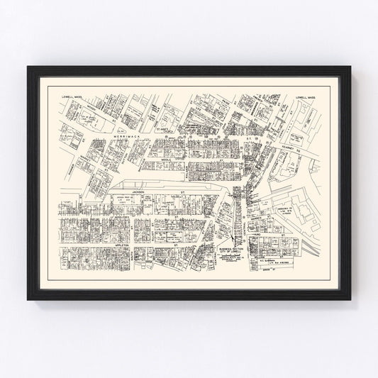 Vintage map of Lowell, Massachusetts business section, 1946