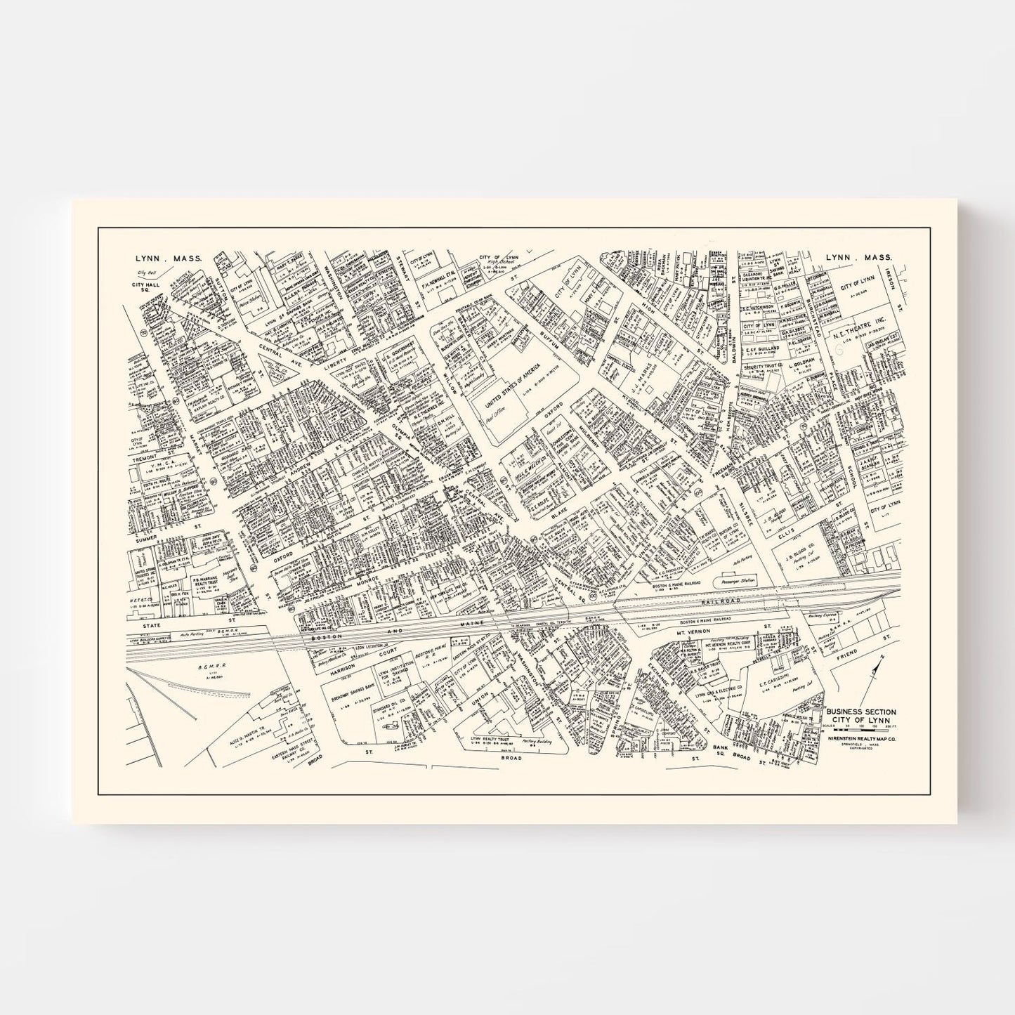 Vintage Map of Lynn, Massachusetts Business Section, 1946