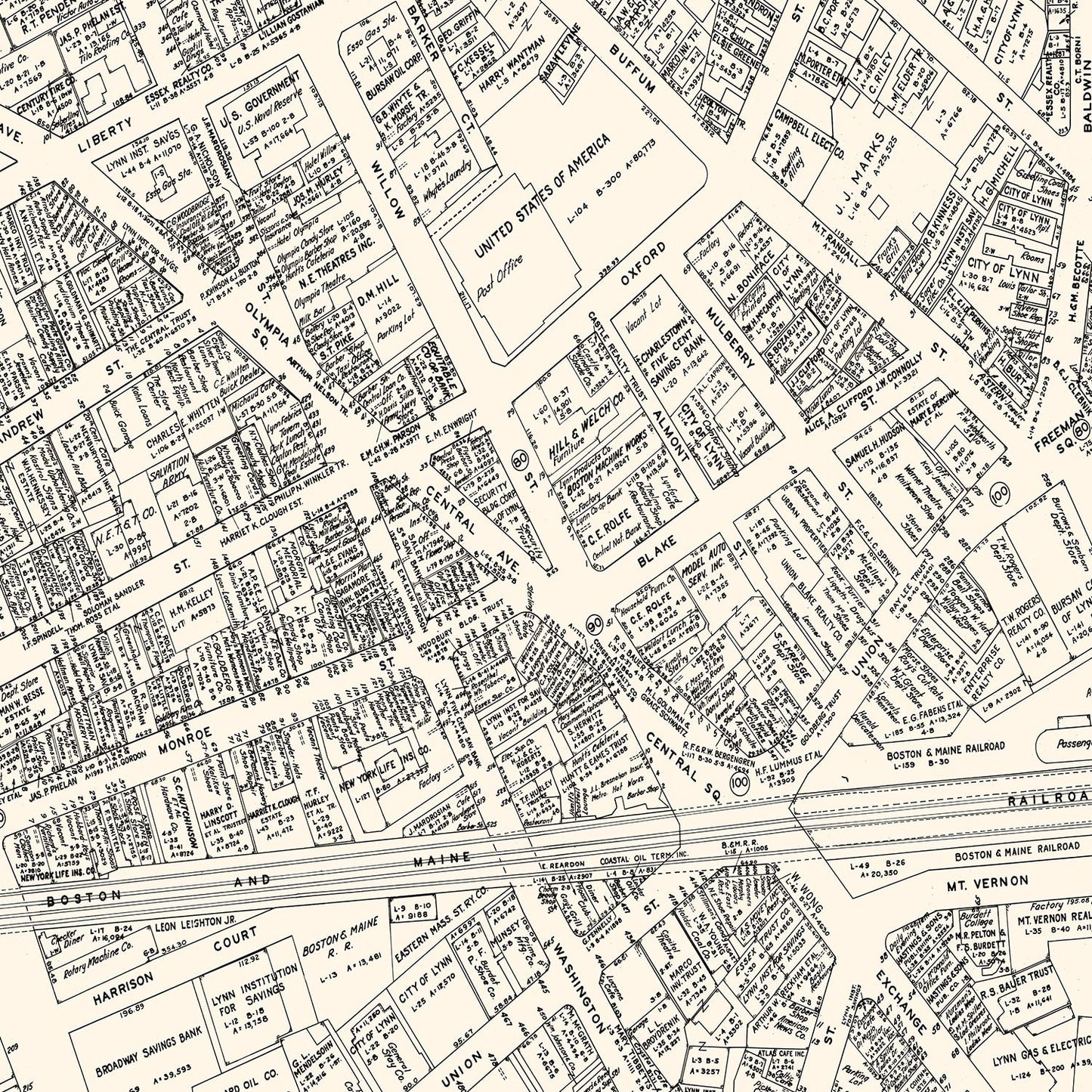 Vintage Map of Lynn, Massachusetts Business Section, 1946