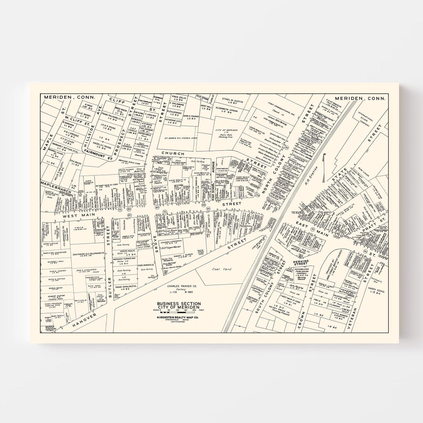 Vintage Map of Meriden, Connecticut Business Section, 1946