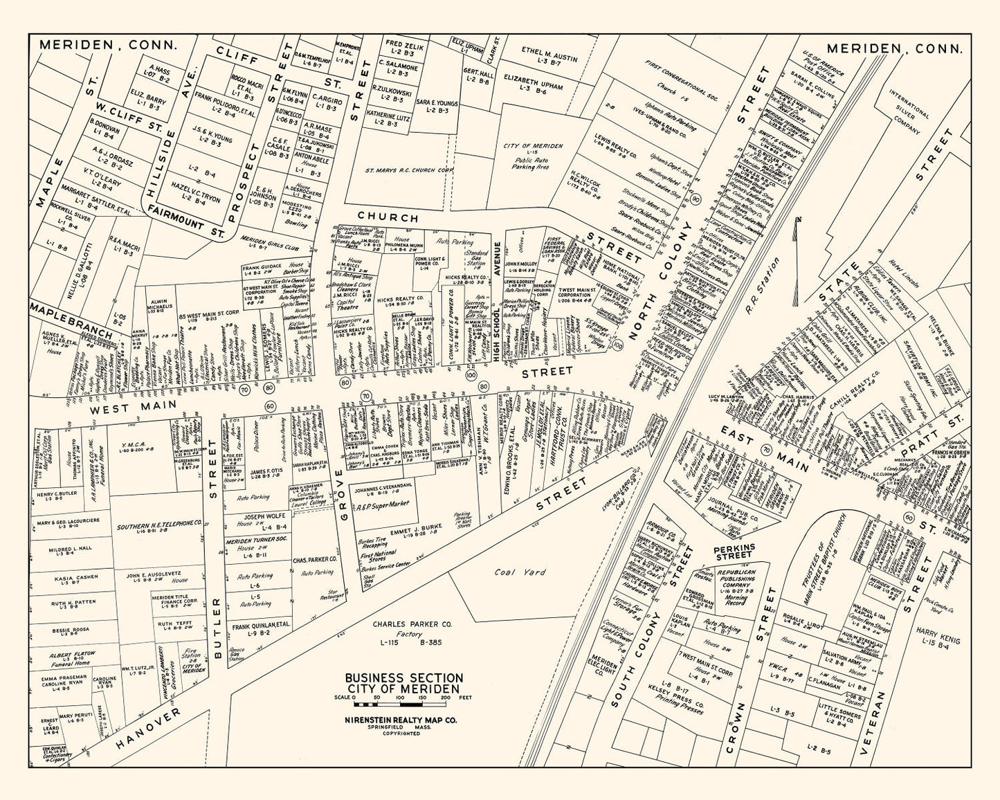 Vintage Map of Meriden, Connecticut Business Section, 1946