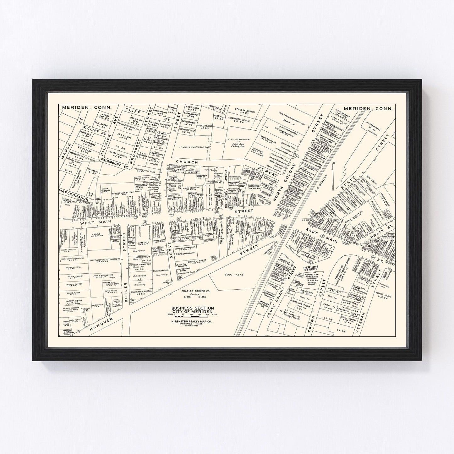 Vintage map of Meriden, Connecticut business section, 1946