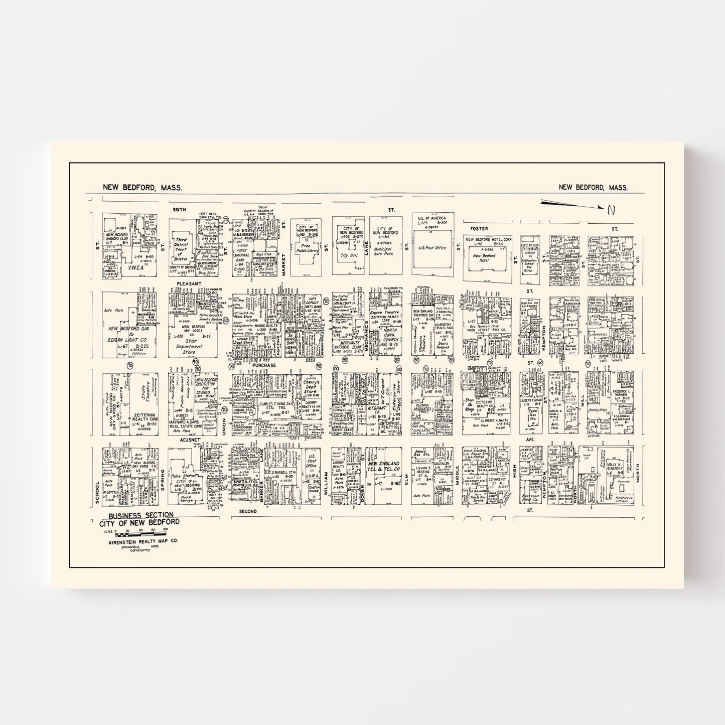 Vintage Map of New Bedford, MA Business Section, 1946