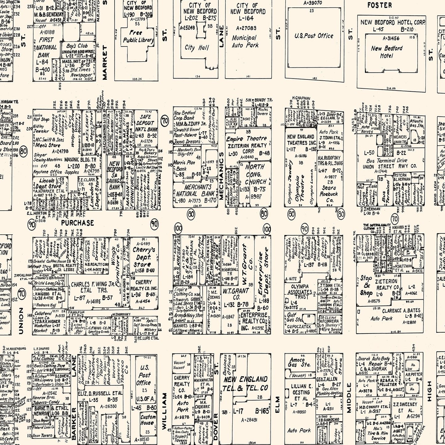 Vintage Map of New Bedford, MA Business Section, 1946
