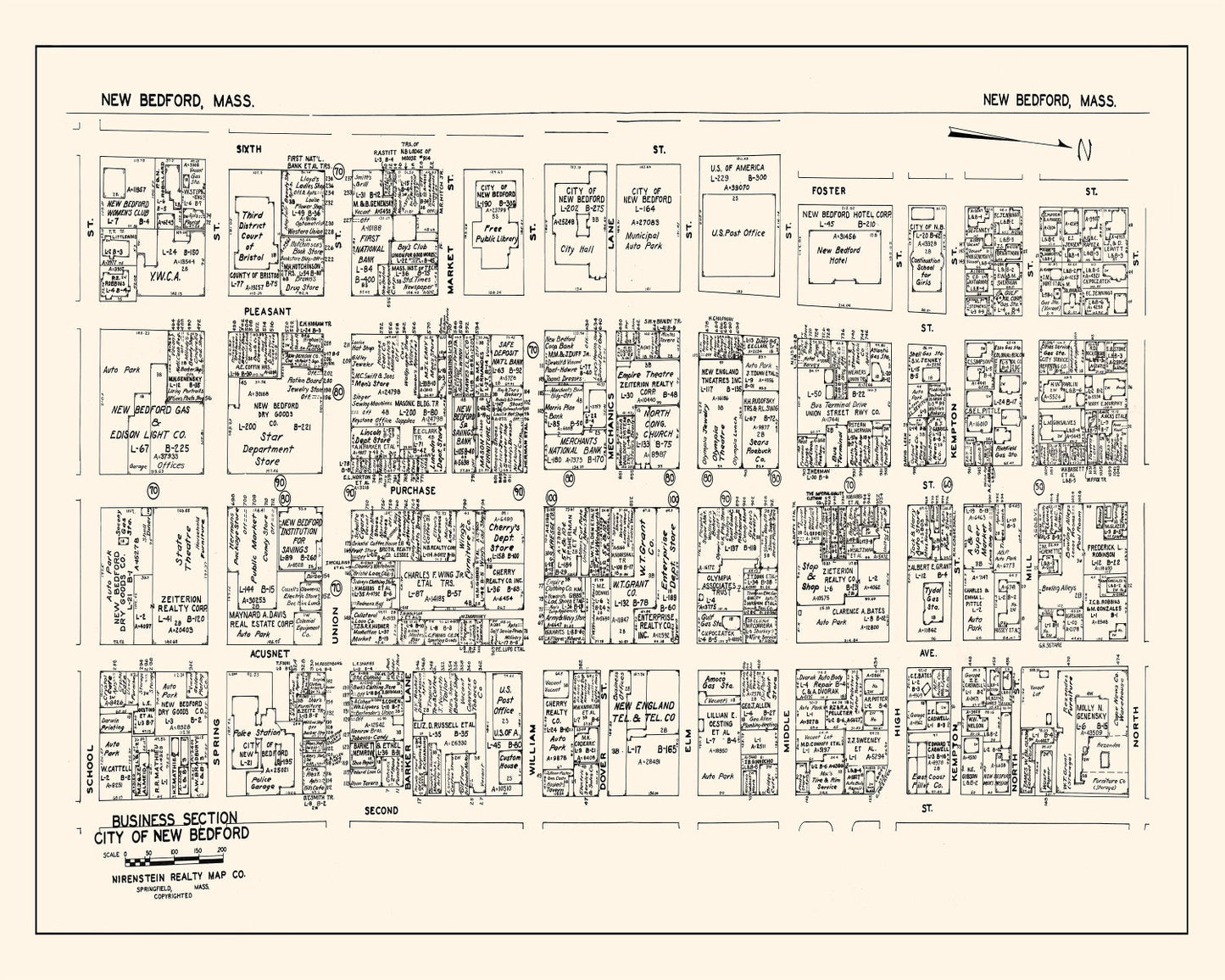 Vintage Map of New Bedford, MA Business Section, 1946