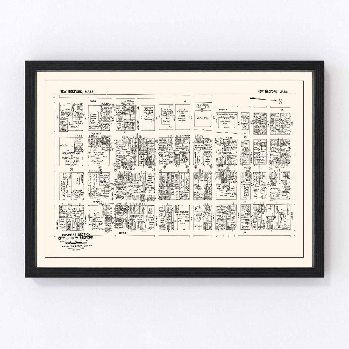 Vintage map of New Bedford business section, Massachusetts, 1946
