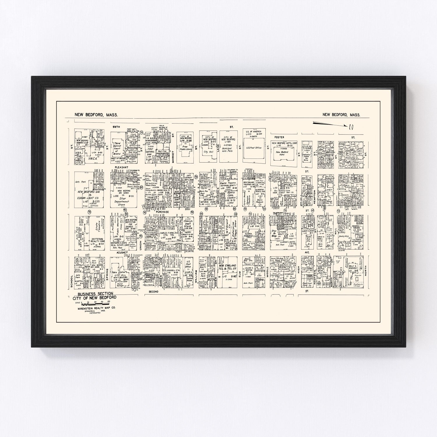 Vintage map of New Bedford business section, Massachusetts, 1946