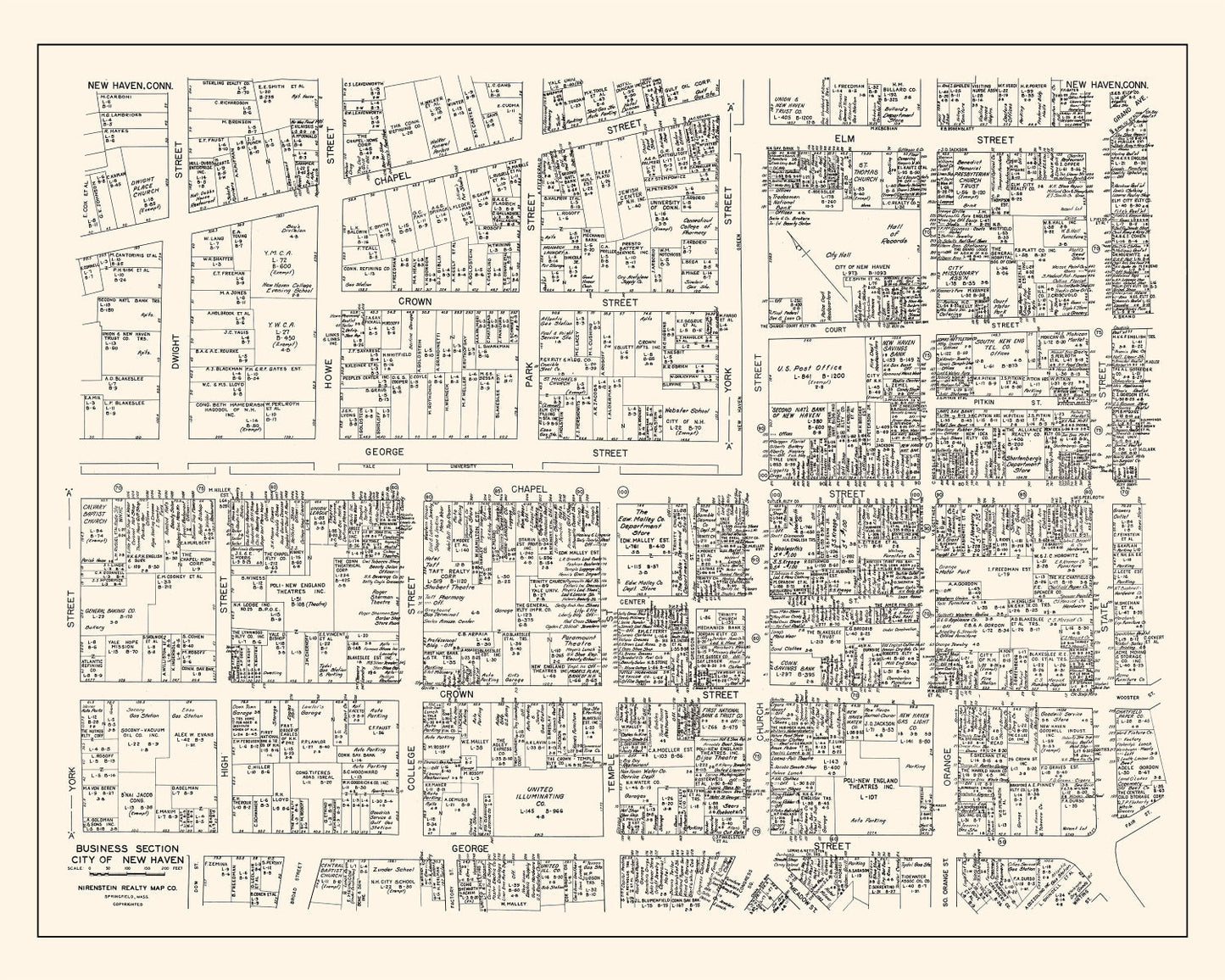 Vintage Map of New Haven, CT Business Section, 1946