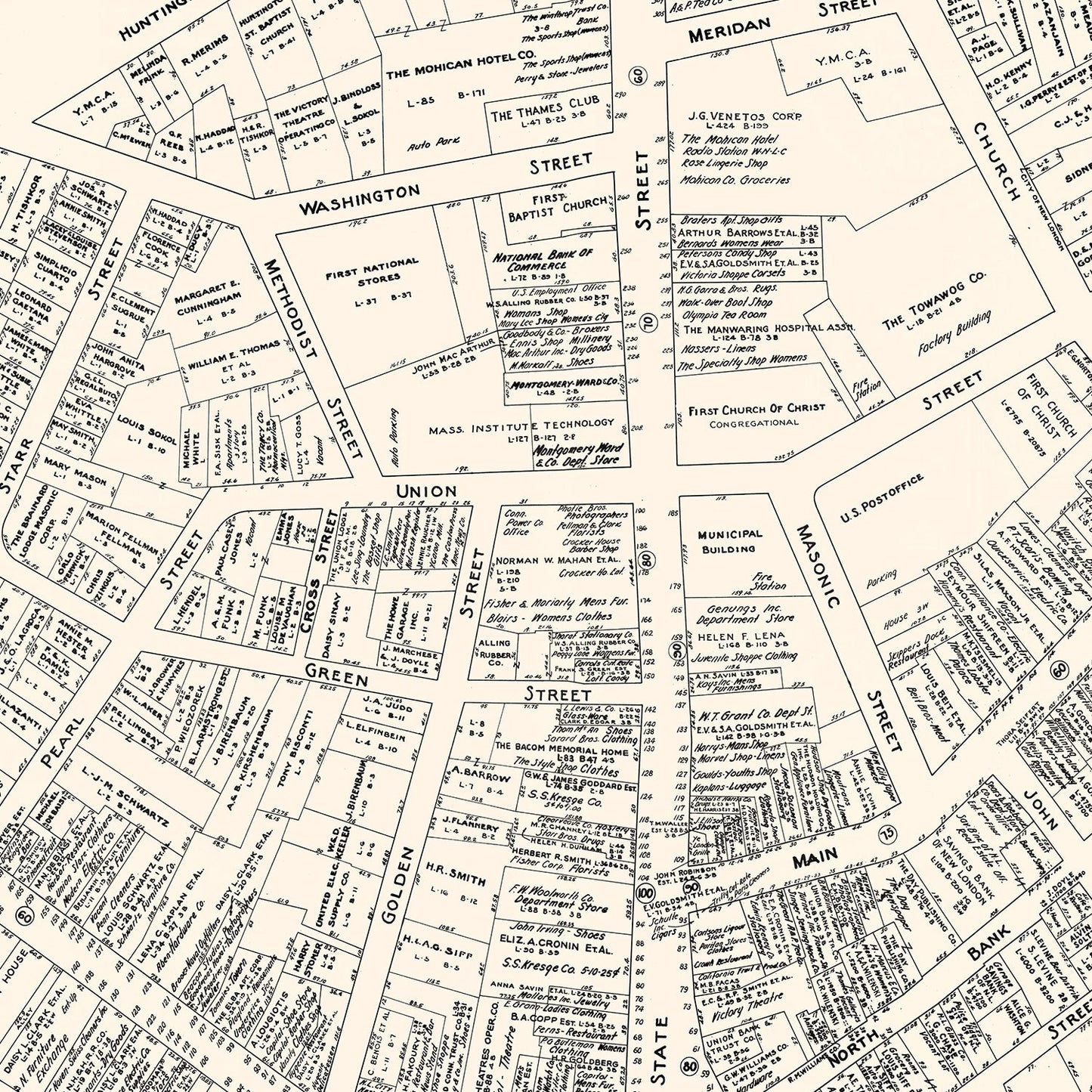 Vintage Map of New London Business Section, Connecticut, 1946