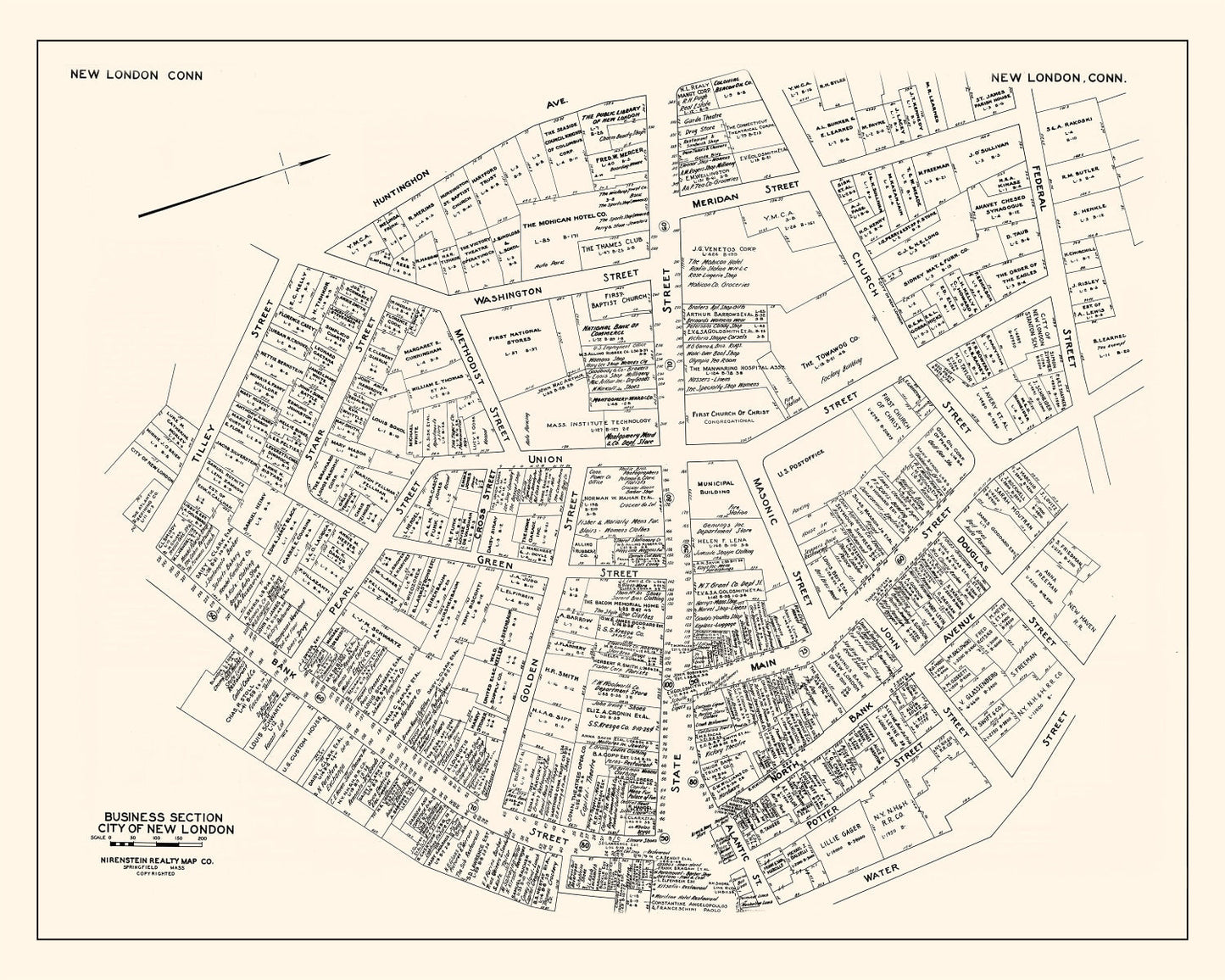 Vintage Map of New London Business Section, Connecticut, 1946
