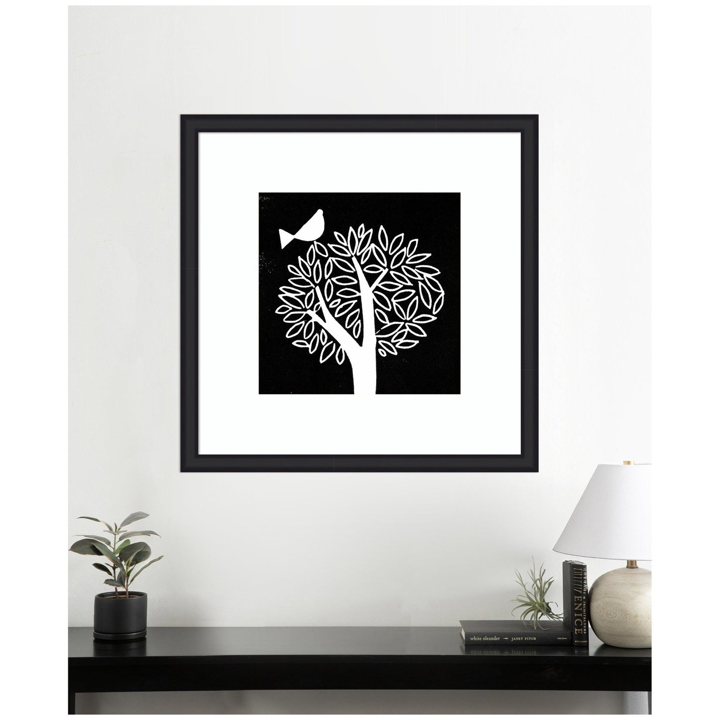 Black and White Bird Tree Linocut Framed Wall Art Print
