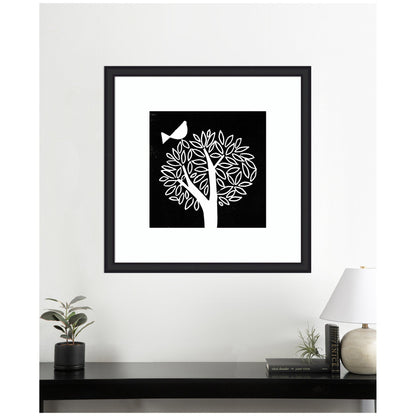 Black and White Bird Tree Linocut Framed Wall Art Print