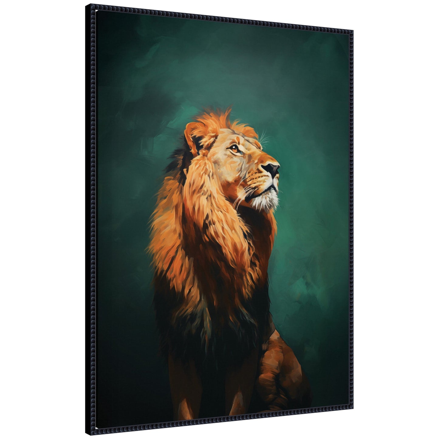 Turquoise jade lion framed canvas wall art with vibrant mane