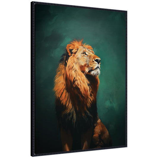 Turquoise jade lion framed canvas wall art with vibrant mane