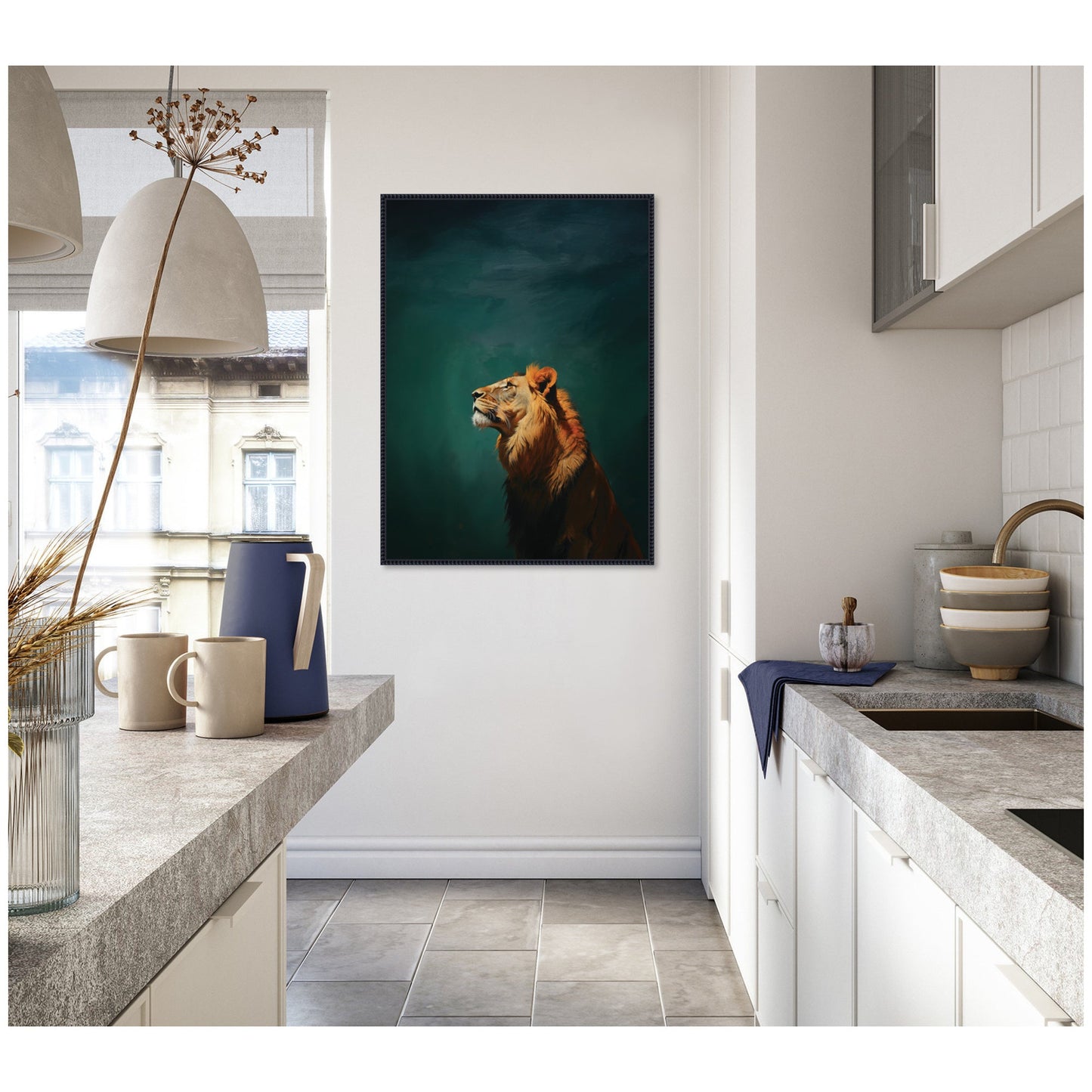 Lion on Tonal Blue Teal Abstract Framed Canvas Wall Art