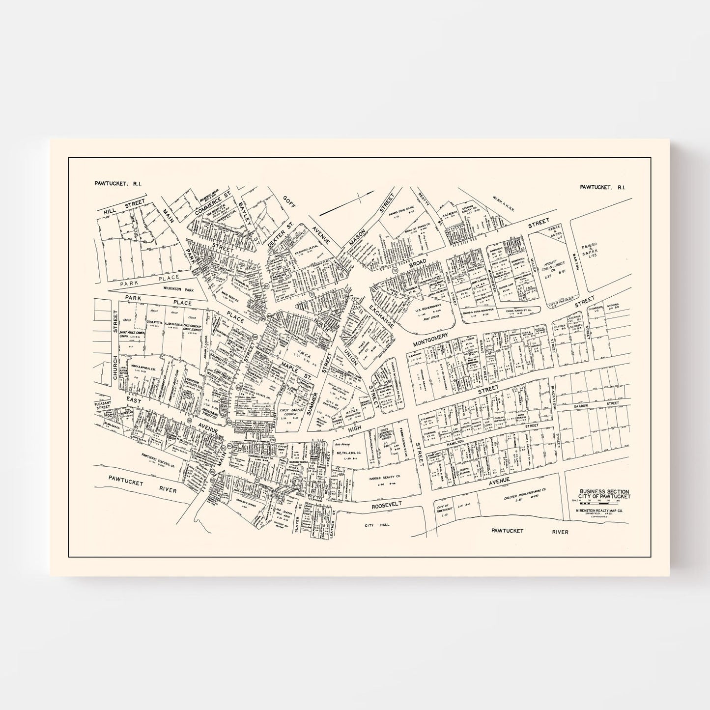 Vintage Map of Pawtucket, RI Business Section, 1946