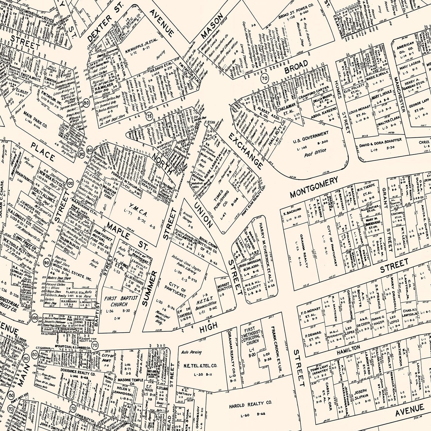 Vintage Map of Pawtucket, RI Business Section, 1946